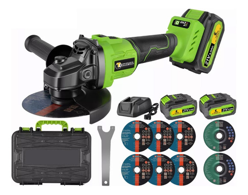 Smeriladora Angular Inalámbrica Amoladora Corte Pulidora Verde,Cortadora Sin Escobillas, 4.5-5“ Disco Compatible, 2*4ah Baterías, Herramientas Electricas Para Lijar, Cortar, Pulido