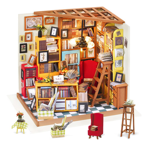 Kit De Casa De Muñecas Miniatura Librería Bricolaje Madera