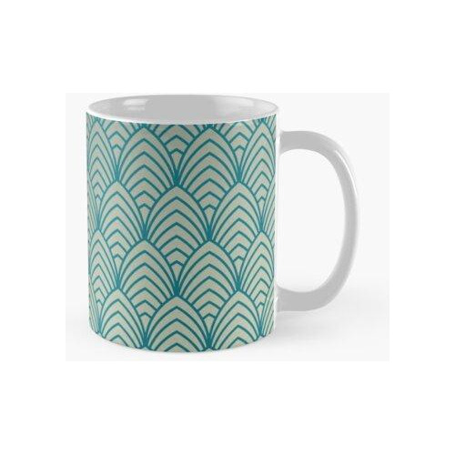 Taza Art Deco, Patrón De Abanico, Verde Azulado, Blanco, Pat