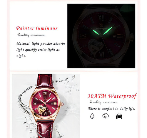 Relógio Feminino Com Calendário Luminoso À Prova D'água Poed Cor Da Correia Vinho Tinto