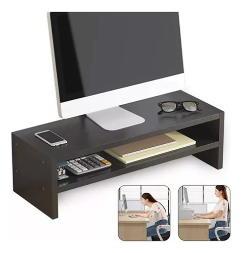 Soporte De Monitor De Escritorio De Madera De 2 Niveles Negro