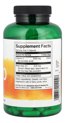Vitamina C Swanson 500 Mg 250 Capsulas Original Suplemento