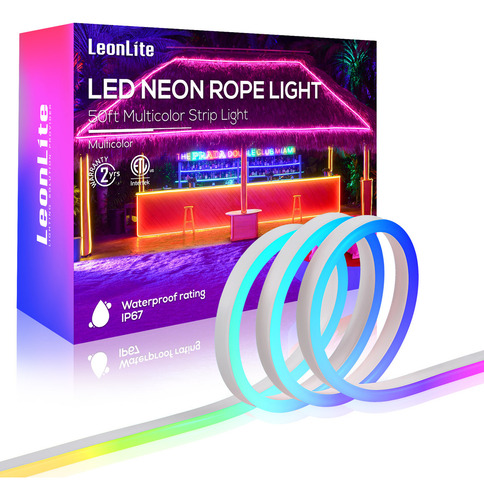 Leonlite Lights of Neon Led Rgb of 50 Pies, Environmental For Exterior, Ip67 Impermeable, AC 120 V, Enchufe UL, Máximo 2 conjuntos (100 pies) Conectables, Certificación Etl