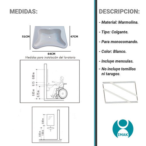 Bacha Lavatorio Para Discapacitados Blanco Baño Reglamentario Con Mensula