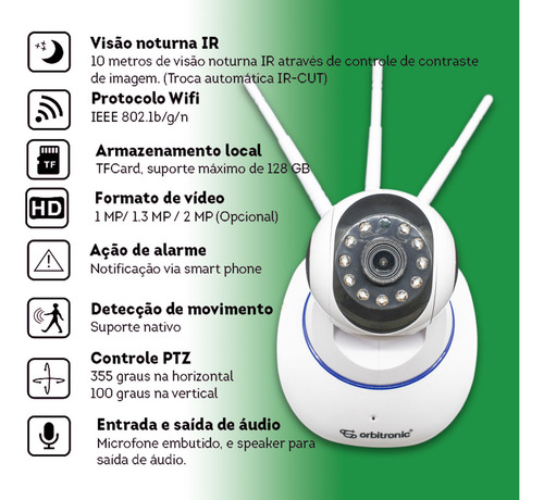 Câmera Segurança 3 Antenas Ip Onvif Wifi Wireless Orbitronic Cor Branco