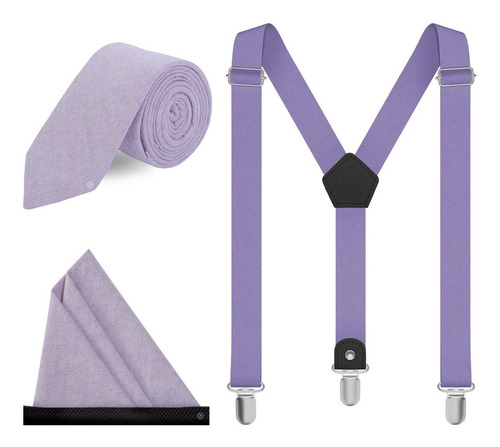 Kit Corbata Tirantes Y Pañuelo Casual Con Piel - Grin Accs Color Lila Diseño De La Tela Jaspeado
