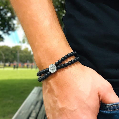 Pulseira Terço Medalha Das Duas Cruzes Preto Fosco