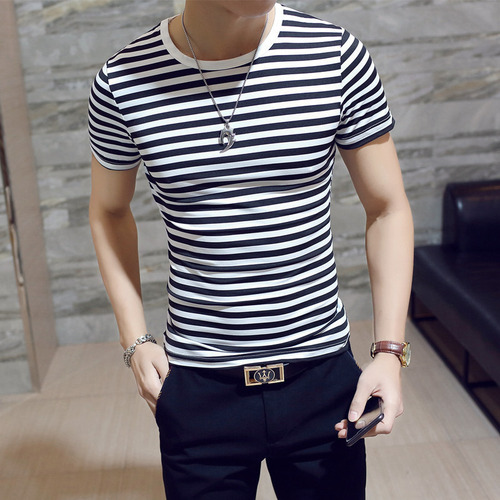 Camiseta A Rayas Para Hombre, Camisetas Ajustadas De Algodón