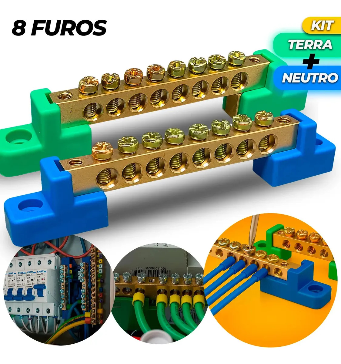 Kit Barramento Distribuição Elétrica Neutro + Terra 8 Furos - Fix. Parafuso Cobre