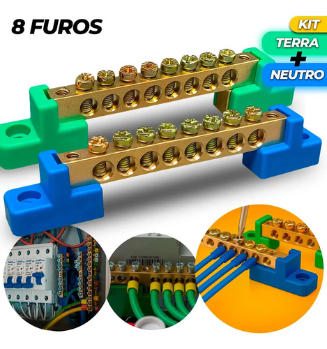 Kit Barramento Distribuição Elétrica Neutro + Terra 8 Furos - Fix. Parafuso Cobre