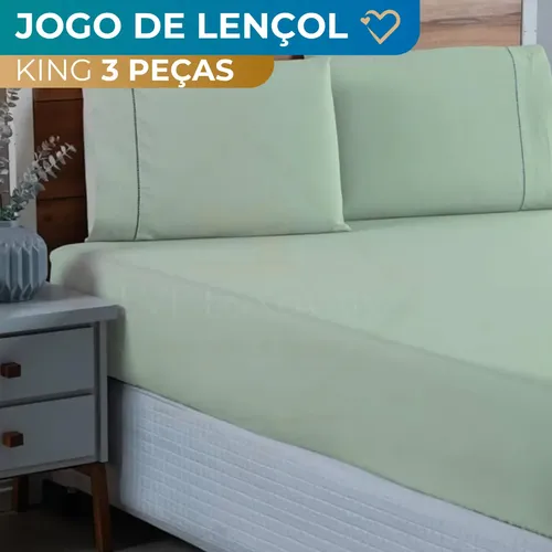 Jogo De Lençol Cama King 03 Peças 400 Fios Ponto Palito Cor Verde Desenho Do Tecido Lisa