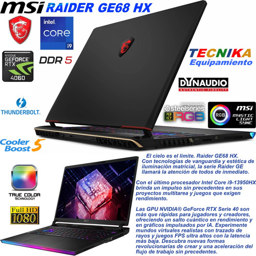 Imagen 3 de 10 de Notebook Gamer Msi Raider Ge68 16 I9 13º Rtx4060 32gb 1tbssd