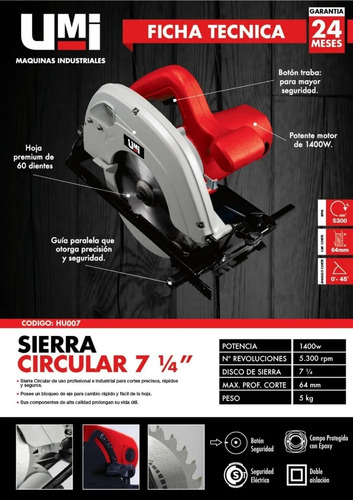 Imagen 2 de 7 de Sierra Circular Industrial Umi 7 1/4 1400w 184mm - Hu007