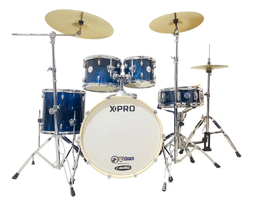 Bateria Completa Musical X-pro Upper Azul Kit Pratos Banco Cor Blue sparkle