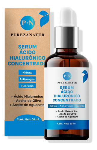 PUREZA NATUR Serum Acido Hialurónico facial Hidratante Aceite de aguacate y Olivo para la cara skin care Suero anti aging para ojeras y arrugas 50ml Serum AH concentrado