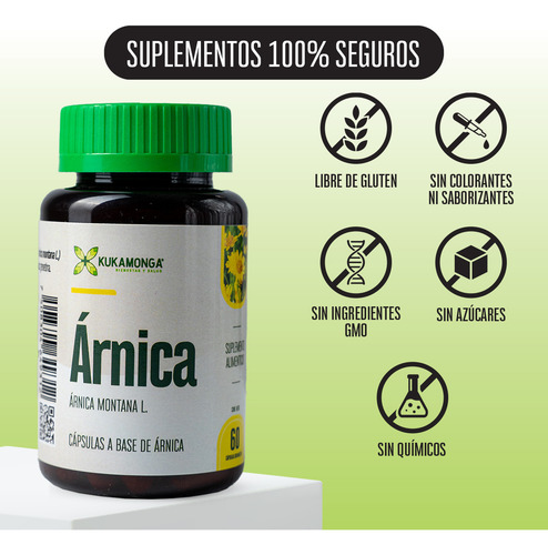 Kit 1 Árnica 60 Cápsulas Com 1 Extracto Ánica 60 Ml Sin sabor 100% Natural Contribuye a el Alivio Muscular y Cuidado de la piel Kukamonga