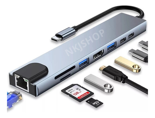 Hub 3.0 Tipo C Para Macbook M1 M2 Hdmi 4k Cartão Rj45 8 Em 1