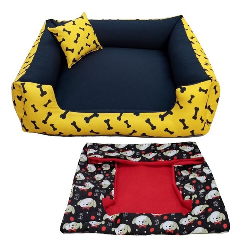 Cama P Para Pets Caminha Cachorro Pequeno 50x50 + Capa Extra Cor Cama Amarela + Capa Vermelha