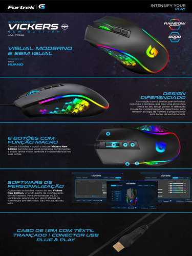 Mouse New Vickers 8000 Dpi Rgb 6 Botões New Edition Preto Preto