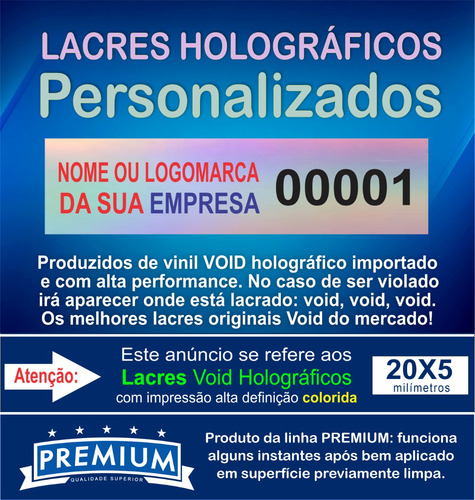 Lacre Void Holográfico Premium Personaliza 20x5mm 2000un Cor