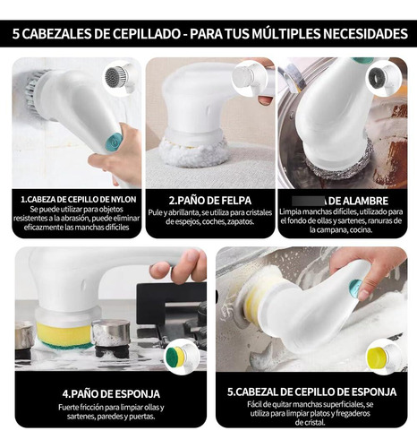 Cepillo Limpiador Eléctrico 5 Cabezales Recargable Usb