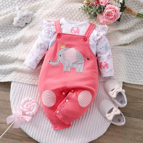 Conjunto Tierno De Algodón D Bebé Overol Rosa Con Elefantito