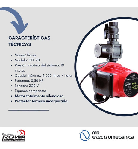 Imagen 3 de 10 de Bomba Rowa Sfl 20 Presurizadora Elevadora Presion 1,9 Bar - 0,5 Hp - Caudal Máximo: 4.000 Litros / Hora - Oferta!