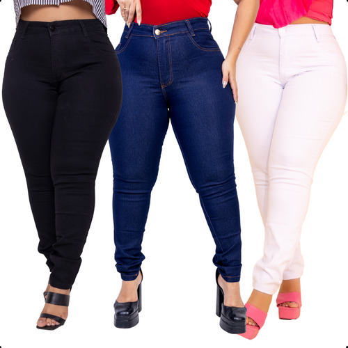 Kit 3 Calças Jeans Plus Size Feminina Cintura Alta Com Lycra