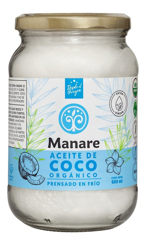 Aceite De Coco Orgánico Manare 500ml Prensado En Frio