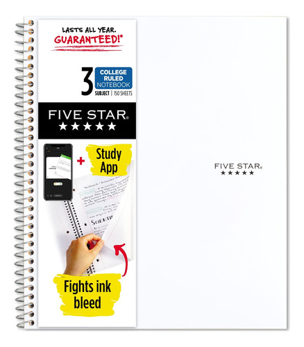 Five Star - Cuaderno En Espiral, 3 Orificios, Papel Rayado U