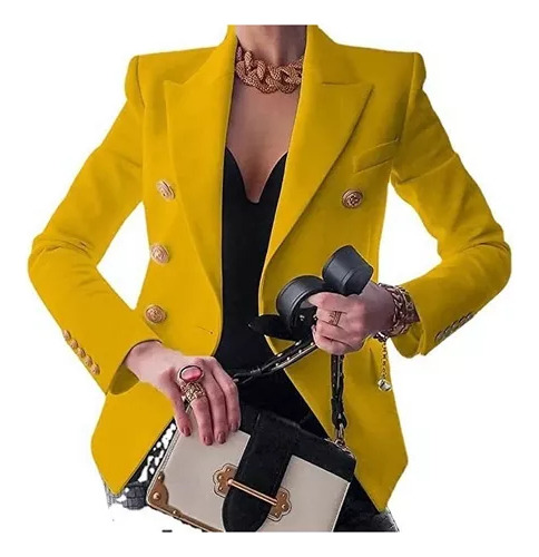 Blazer De Manga Larga Con Botones De Color Liso Para Mujer