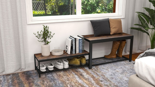 Mu:4life Set De 2 En 1 Bancos Zapateras Metálica Y Tabla Mdf Color Atigrado