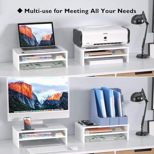 Soporte De Monitor De Madera Blanca De 2 Niveles Con Almacen