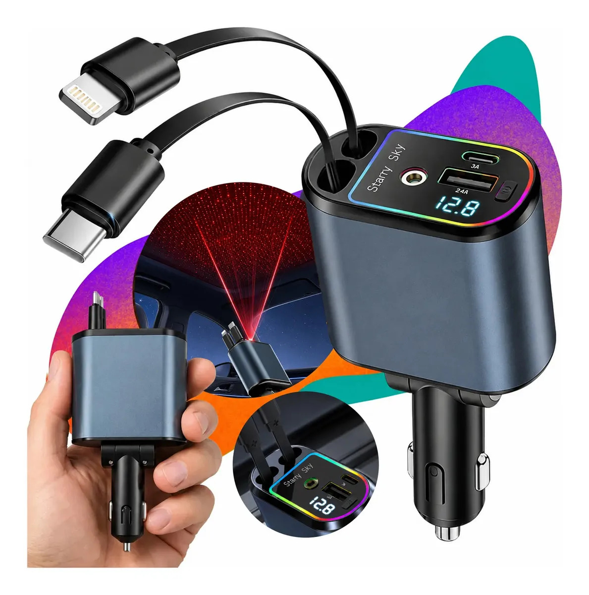 Carregador Veicular Retrátil Turbo 120W 4 em 1 Com 2 Cabos Para Carros Caminhão Carga Rápida Tipo-c E USB Compatível Com iPhone Samsung