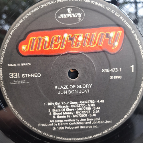 Vinil Lp Jon Bon Jovi Blaze Of Glory Encarte, Otimo Estado