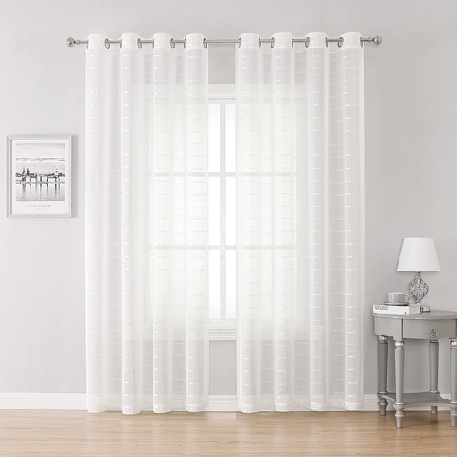 Cortinas Ligeras De Voile Blanco A Cuadros Semi Traslúcido, 