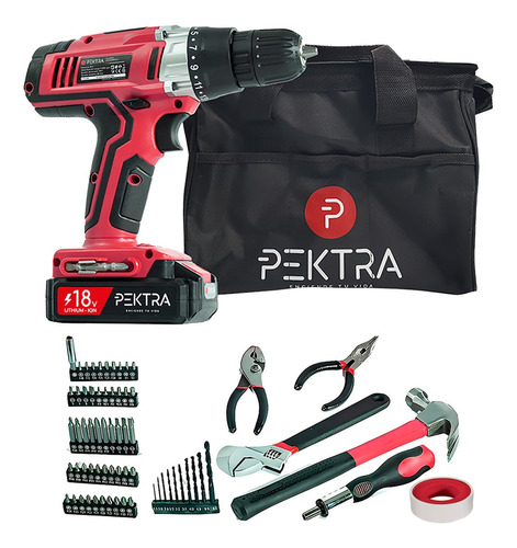 Taladro Inalambrico Pektra 18v + Bolso + 68 Accesorios Color Rojo Frecuencia 60 MHz