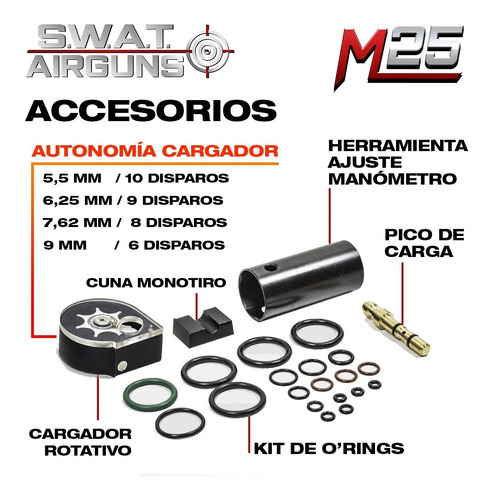 Imagen 6 de 10 de Rifle Pcp Swat Airguns M25 7,62 Mm Silen + Inflador Apolo