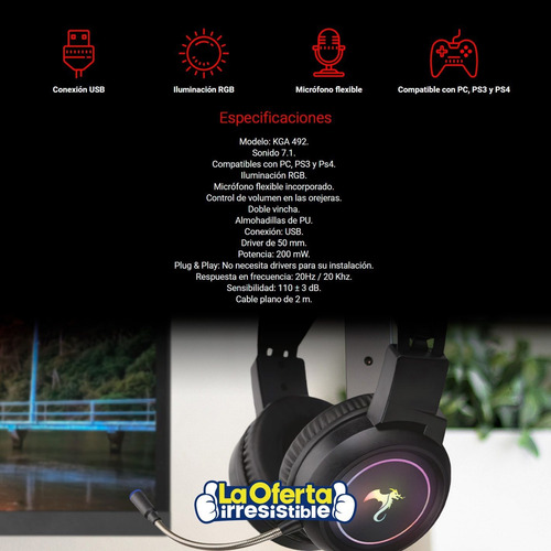 Imagen 5 de 5 de Auriculares Gamer Kolke Eros 200mw Sonido 7.1 Luces Rgb Loi