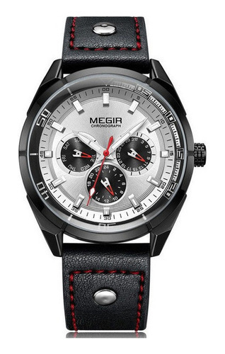 Relojes de cuarzo Megir Calender Leather Business, color de fondo blanco