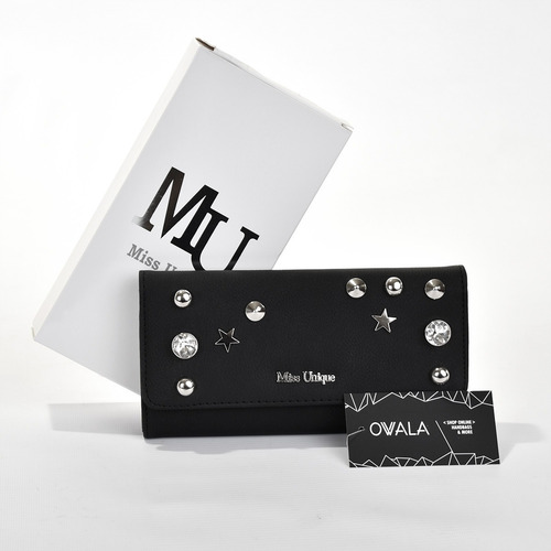 Billetera Fichero Mujer Simil Cuero Negra Tachas Miss Unique