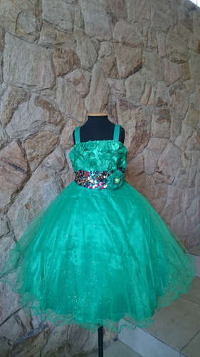 Imagem 2 de 7 de Vestido Infantil / Festa Verde Com Paetês Bordados