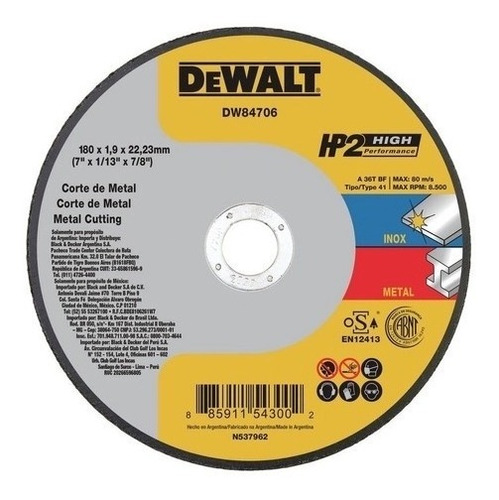 Disco De Corte Em Inox 7x1,9mmx7/8 Dewalt Dw84706