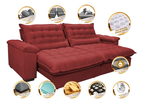 Sofá Retrátil e Reclinável 2,32m com Molas Ensacadas Cama inBox Aconchego Tecido Suede Vermelho