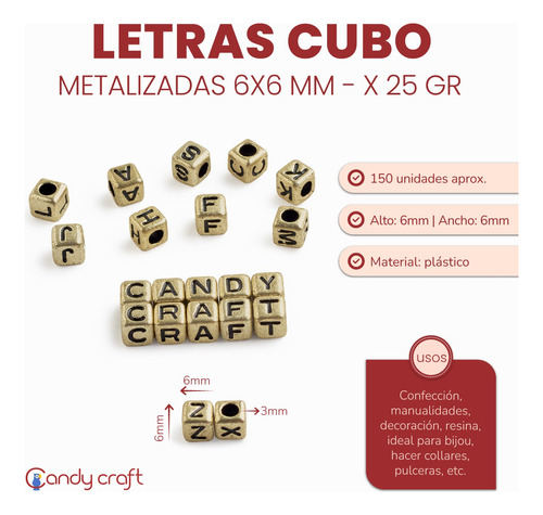 Letras Cubo 6x6mm 150u Metalizadas X 25gr Bijou Pulseras