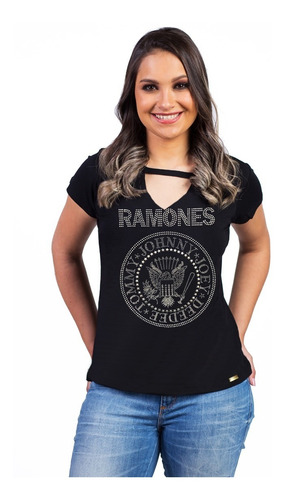 Blusinha Ramones Rock Feminina Strass Banda Show Musica 