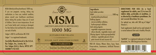 Msm, 1000 Mg, 120 Tabs By Solgar E1734