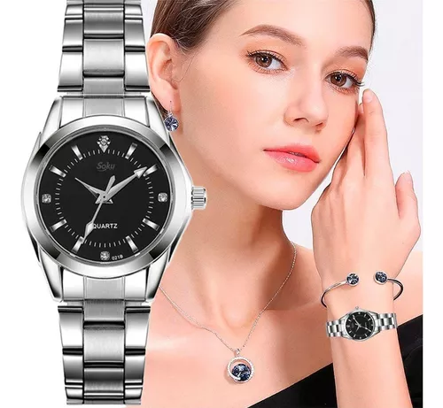 Reloj Mujer Acero Inoxidable Elegante Metal Contra Agua Cx Color de la  correa Negro