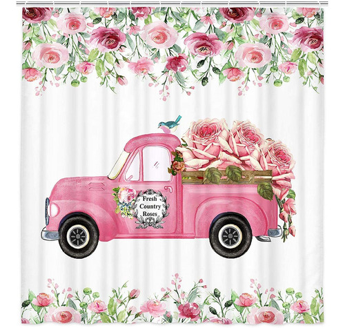 Merchr Cortina Ducha Vintage Camion Granja Rosa Romantica 69