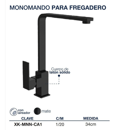 Mezcladora Monomando Fregadero Cocina Negro Mate Latón Solid